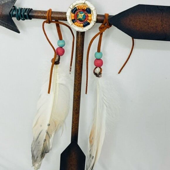 Metal Arrow Cross Tribal Native Wall Sign Hang Feathers  18” x 11”  Weight: 8oz - Picture 3 of 4
